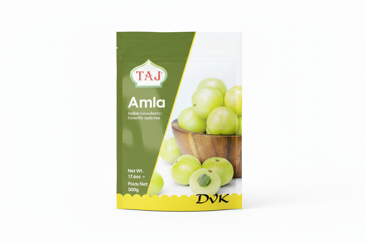 Taj Amla package with green amla fruits on a white background