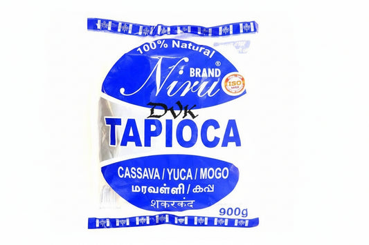 Nirvi brand tapioca package with blue and white design on a white background
