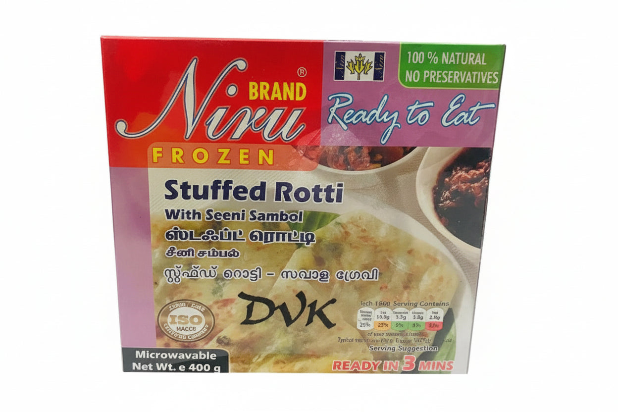 Niru Frozen Stuffed Rotti with Seenii Sambol packaging on a white background