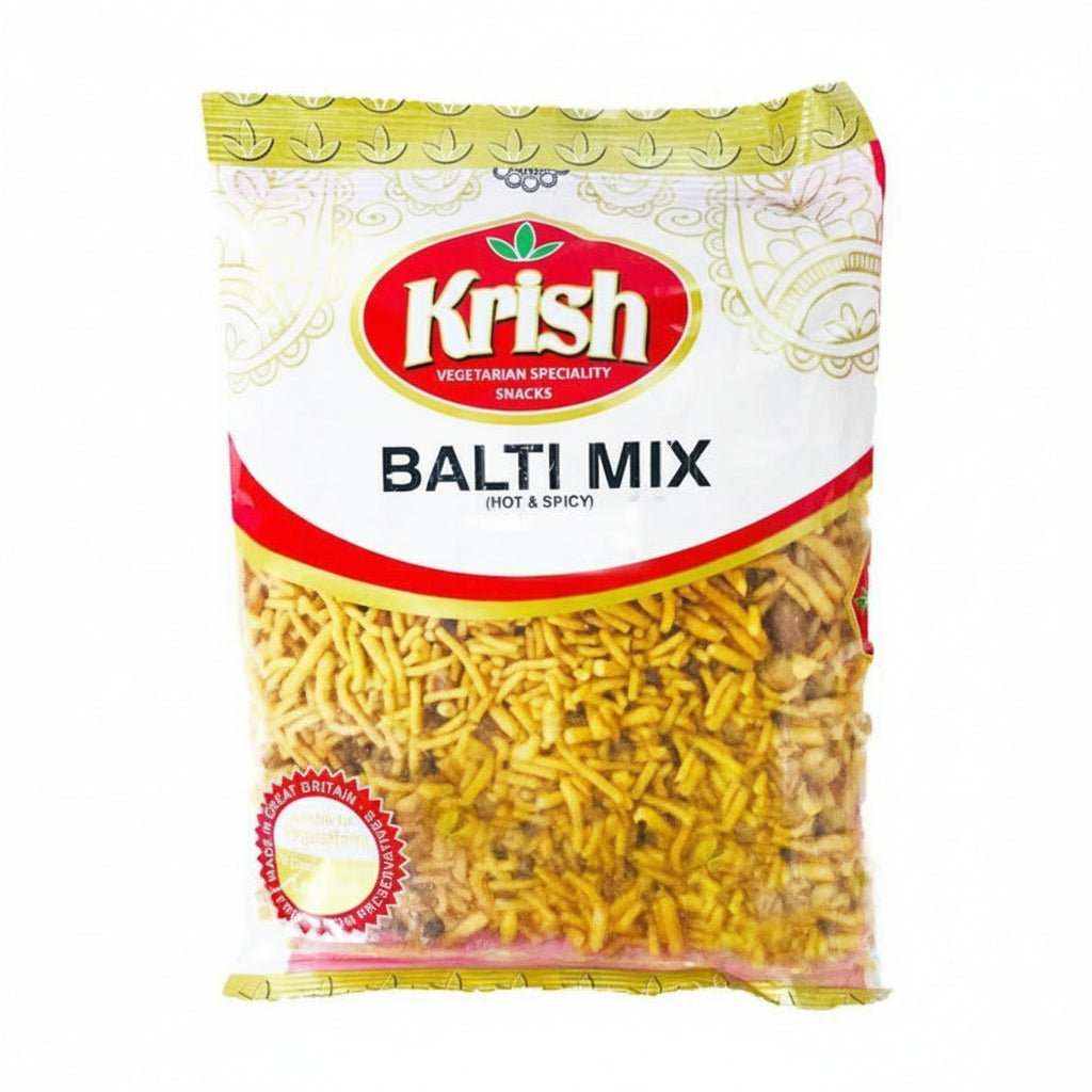 Packaged snack mix labeled 'Balti Mix' by Krish on a white background