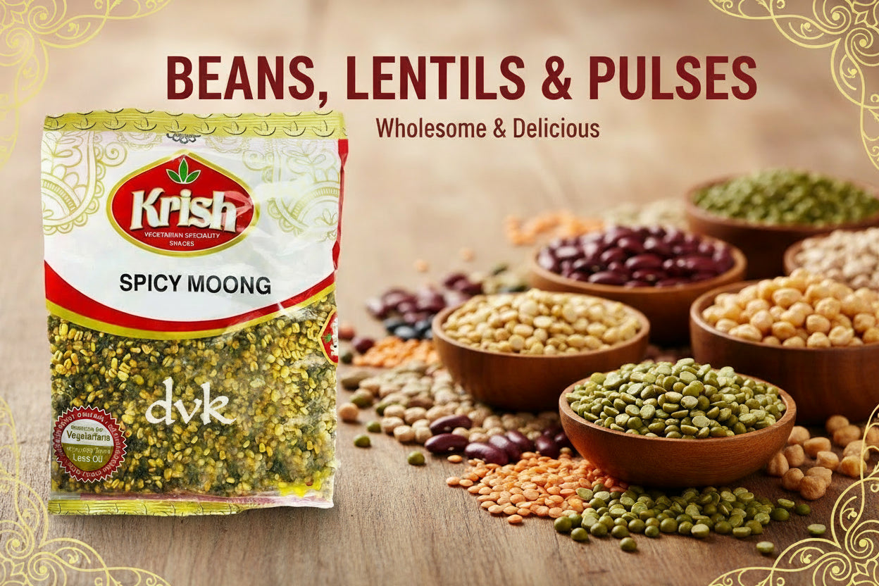 Packaged snack labeled 'Spicy Moong' by Krish on a white background