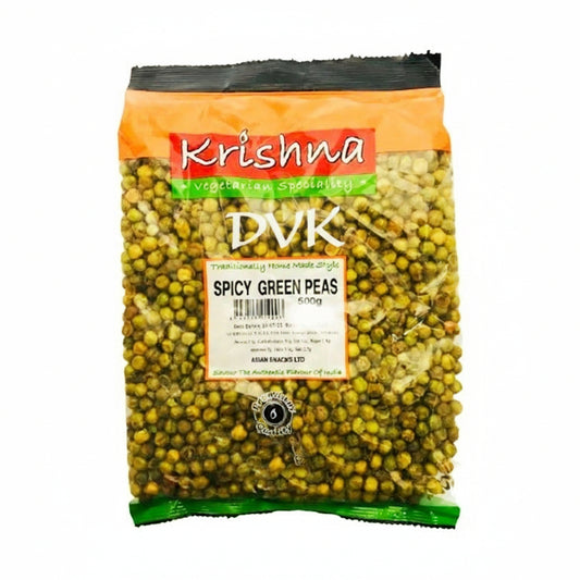 Packaged spicy green peas with Krishna and DVK's branding on a white background