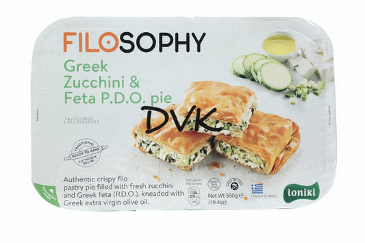 Packaged pie with 'Filosophy' branding on a white background