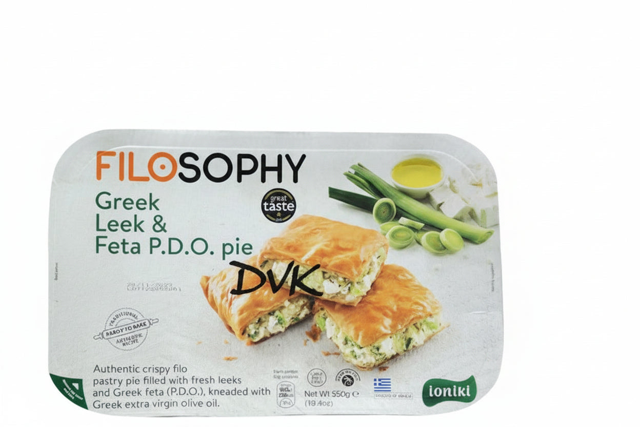 Packaged Greek Leek & Feta Pie by Filosophy on a white background