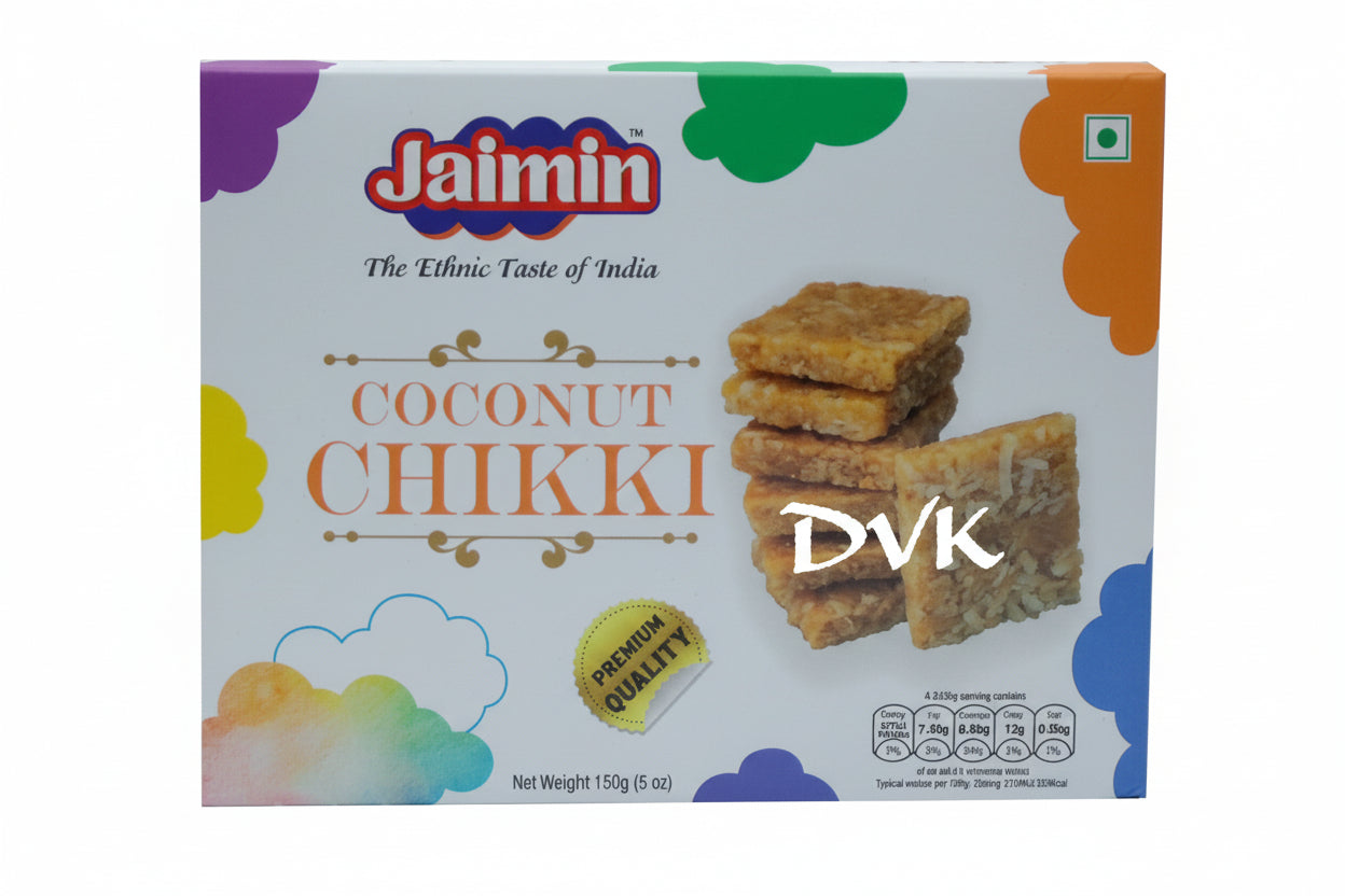 Box of Jaimin Coconut Chikki with colorful design on a white background