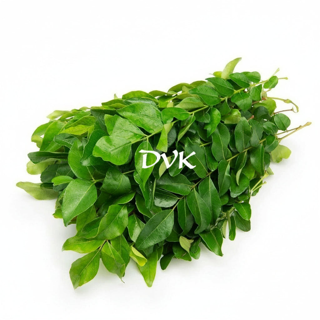Bunch of green leaves with 'DVK's' branding on a white background