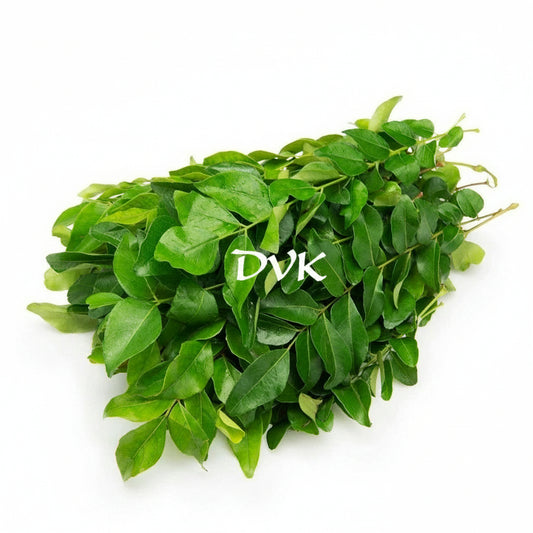 Bunch of green leaves with 'DVK's' branding on a white background