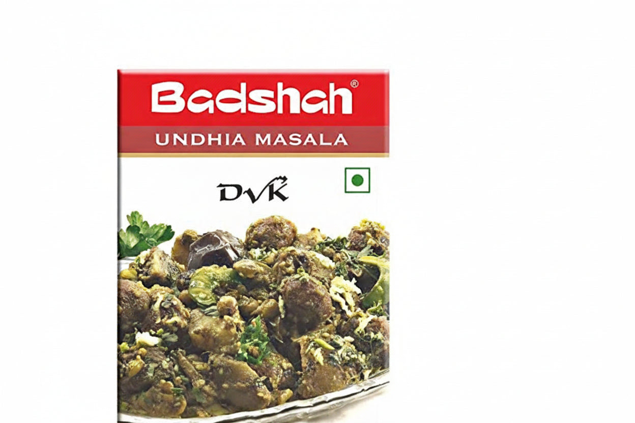 Badshah Undhia Masala packaging with a dish of undhia on a white background