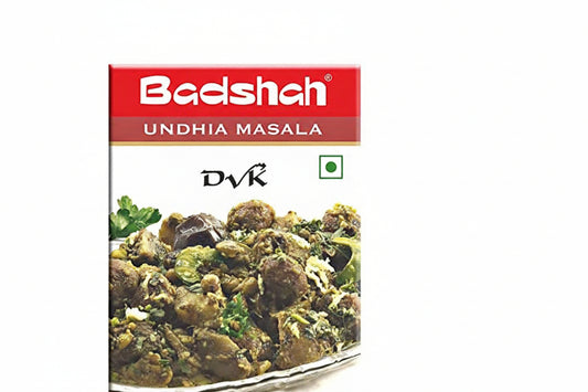 Badshah Undhia Masala packaging with a dish of undhia on a white background