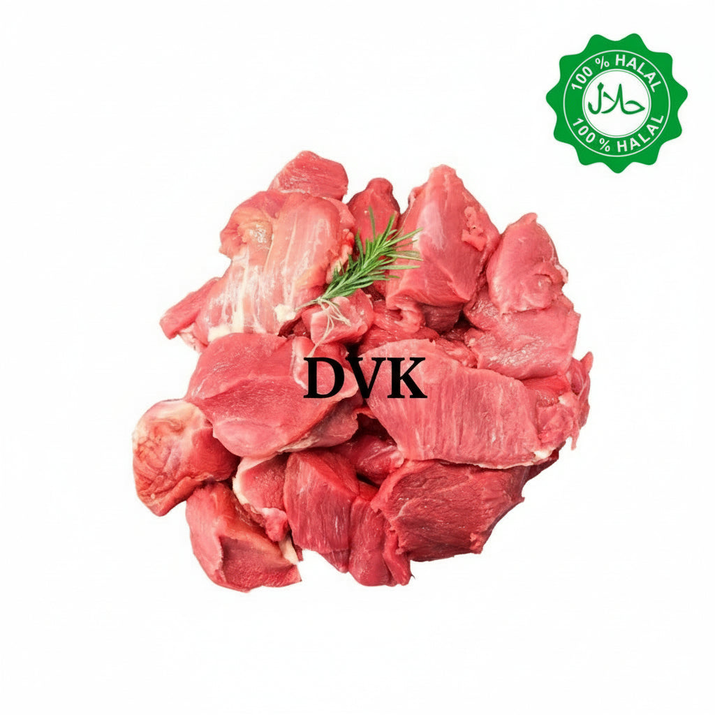 Raw meat chunks with a green '100% Halal' logo and  branding on a white background.