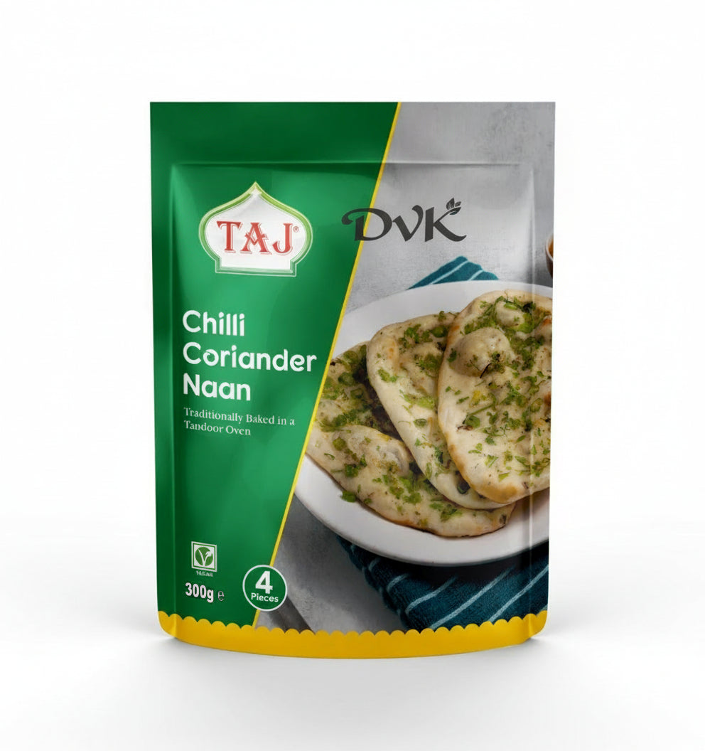 Packaging of Taj Chilli Coriander Naan on a white background