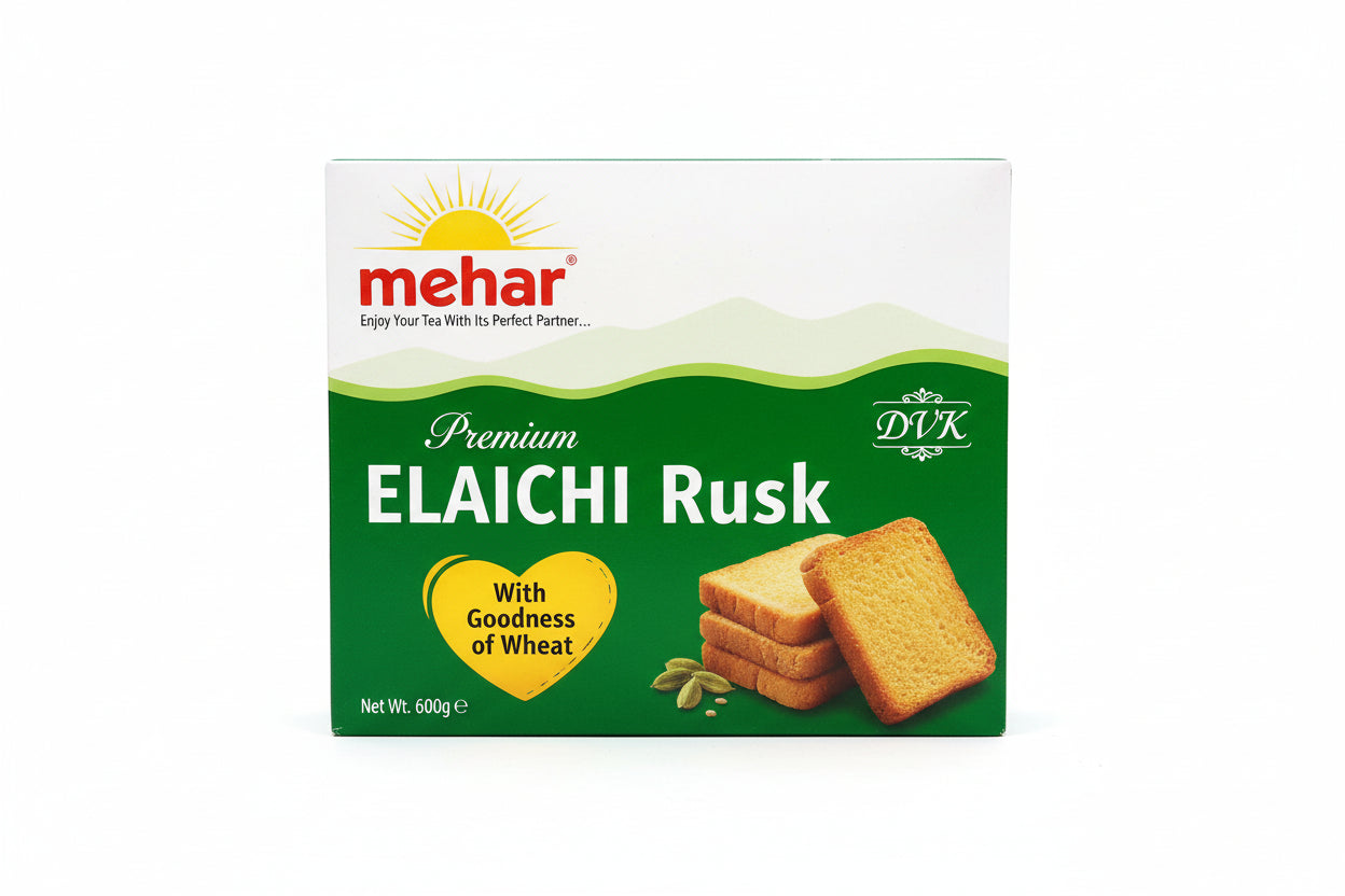 Box of Mehar Premium Elaichi Rusk with green background and product images.