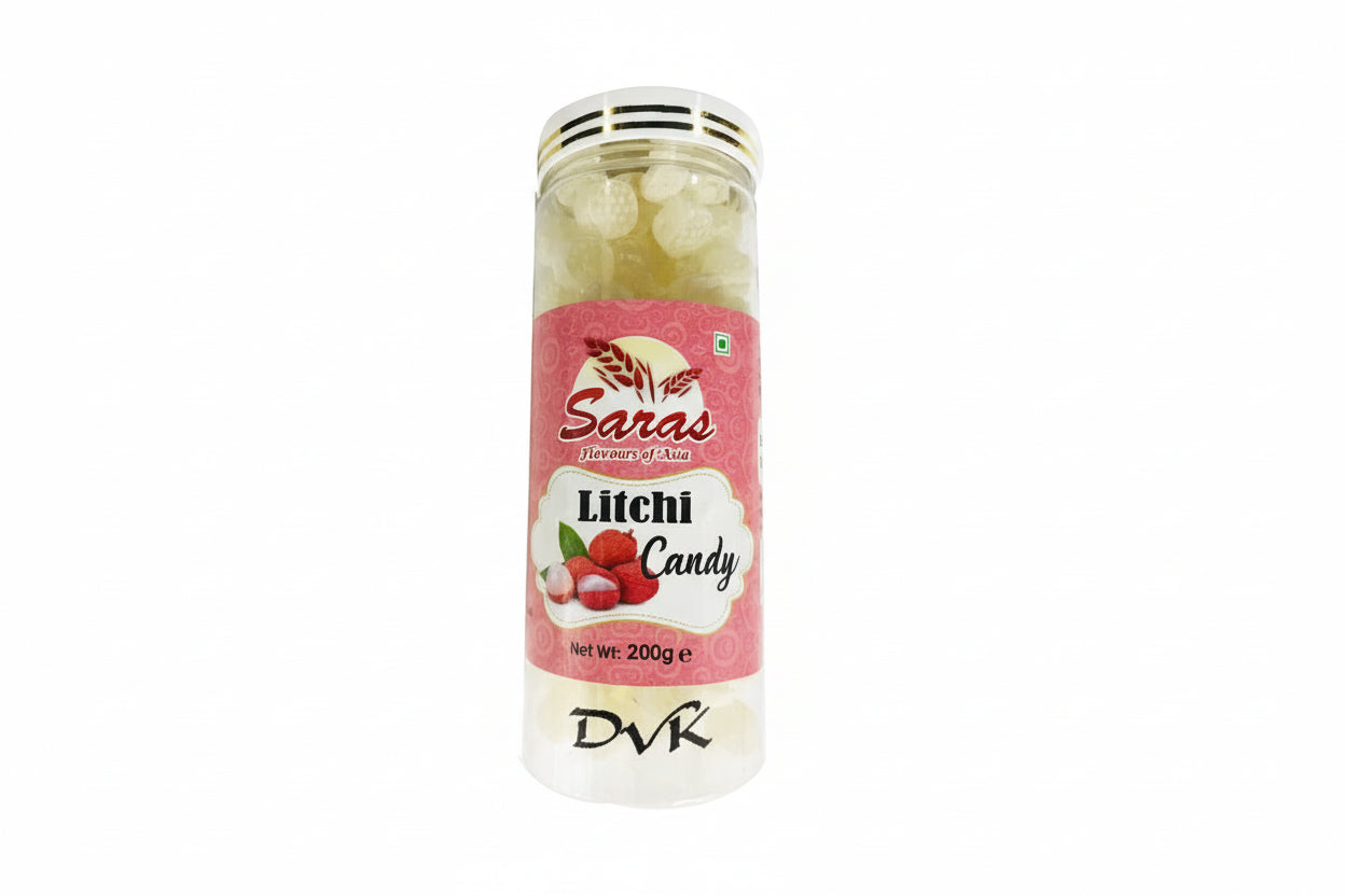 Jar of litchi candy with 'Saras' branding on a white background