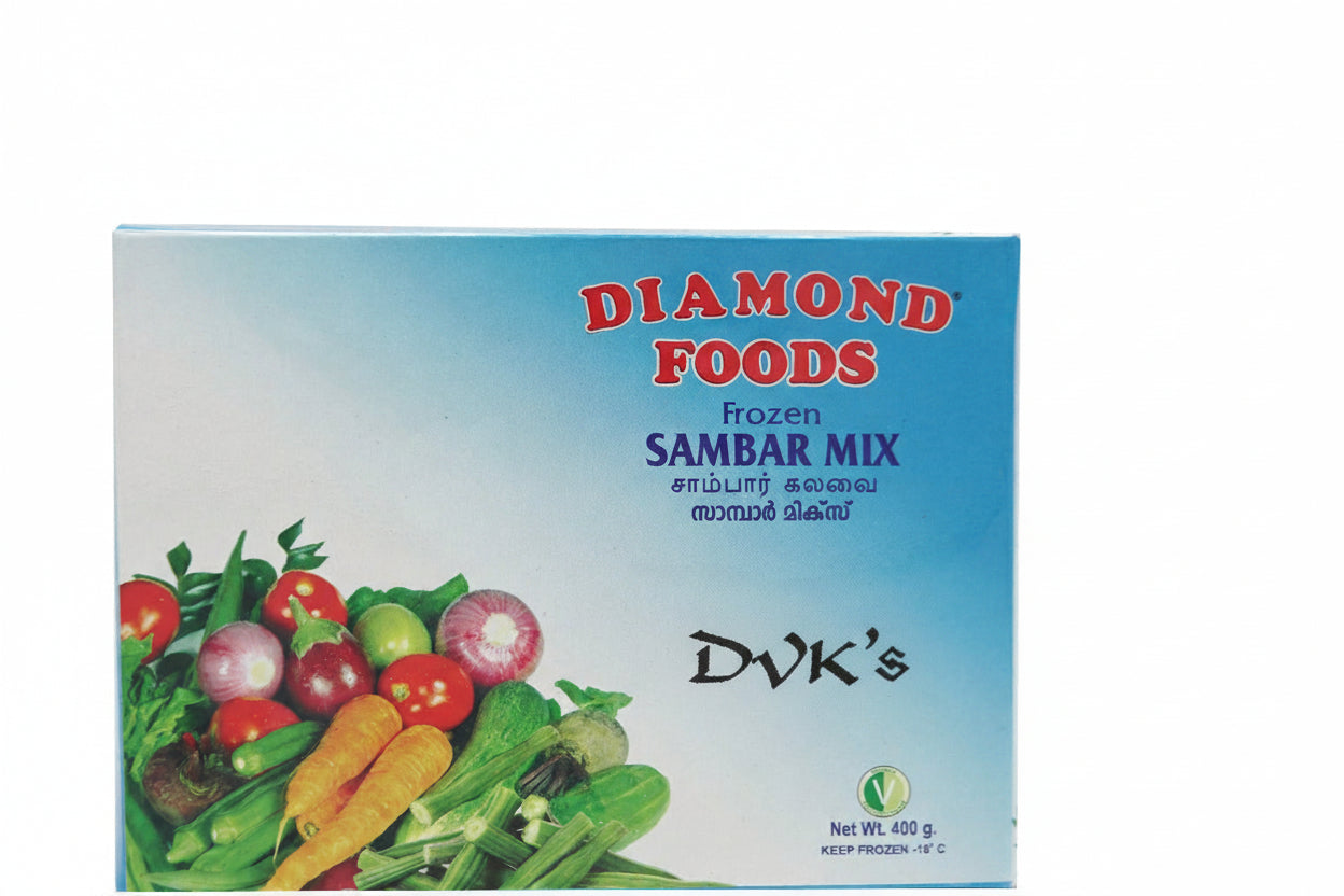 Box of Diamond Foods Frozen Sambar Mix with vegetables on a white background