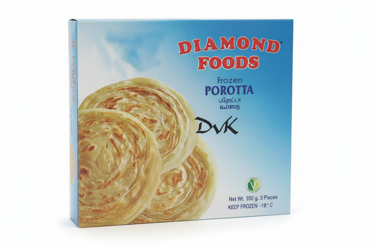 Box of Diamond Foods Frozen Porotta with a blue background