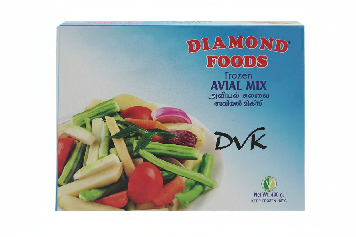 Box of Diamond Foods Frozen Avial Mix with vegetables on a white background