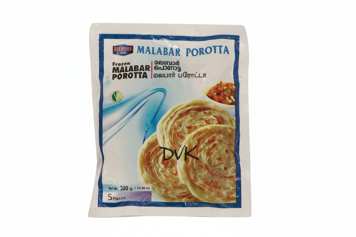 Packaged food item with 'Malabar Porotta' branding on a white background