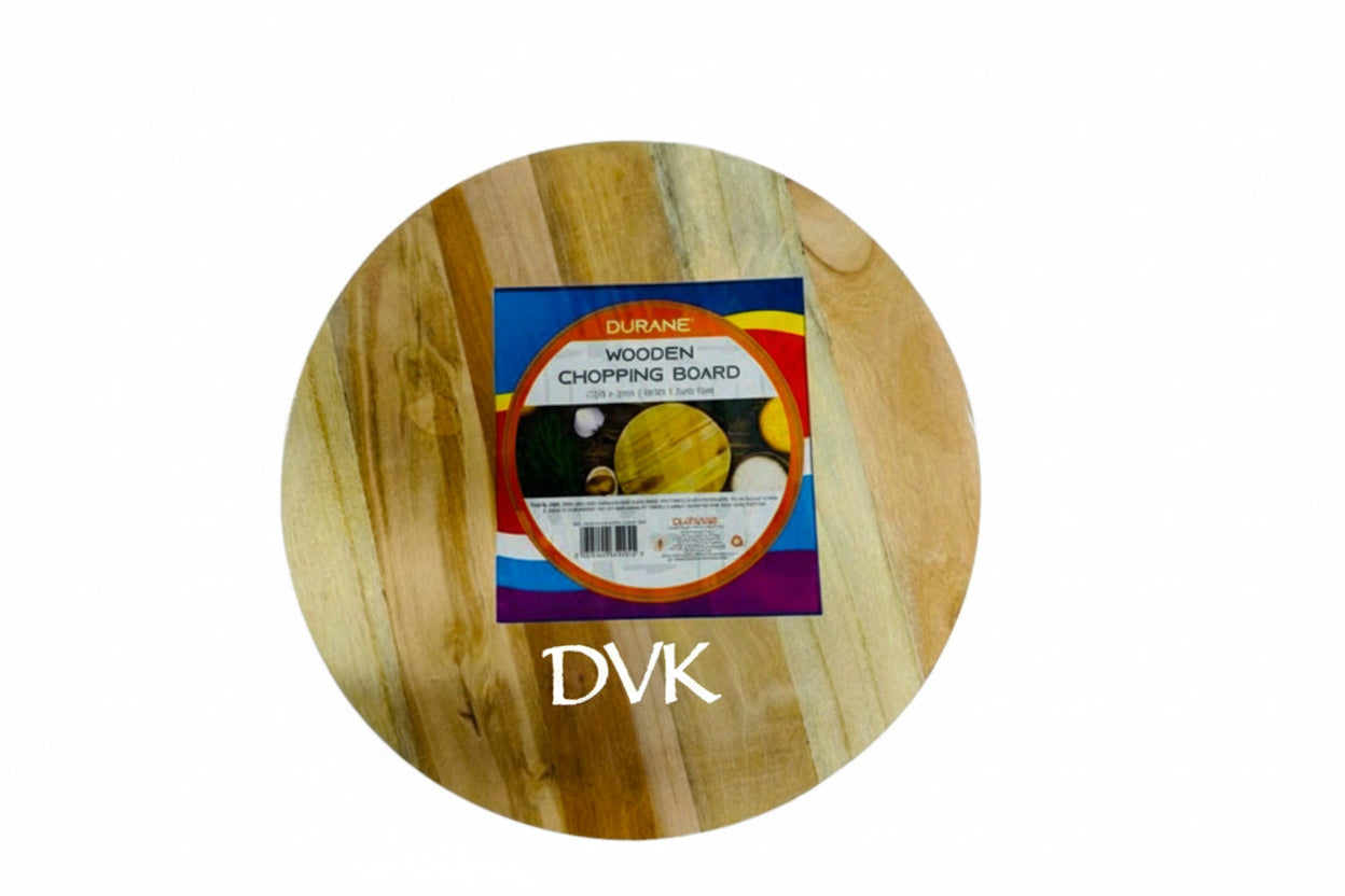 Round wooden chopping board with a colorful label on a white background