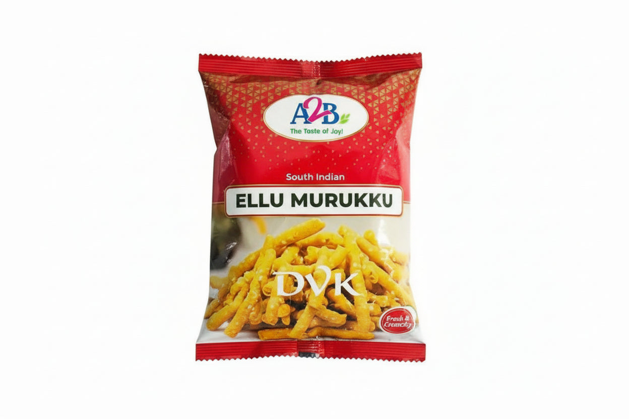 Packaged snack with A2B brand and 'Ellu Murukku' text on a white background