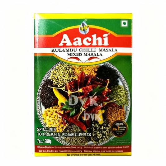 Aachi Kulambu Chilli Masala spice mix packaging on a white background