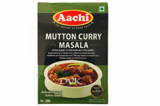 Aachi Mutton Curry Masala spice blend packaging on a white background