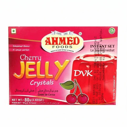 Packaging of Ahmed Foods Cherry Jelly Crystals on a white background