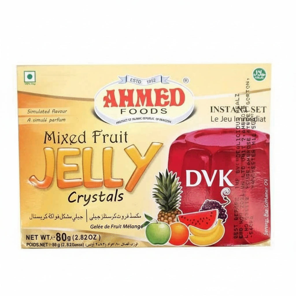 Box of Ahmed Foods Mixed Fruit Jelly Crystals with colorful fruit graphics on a white background