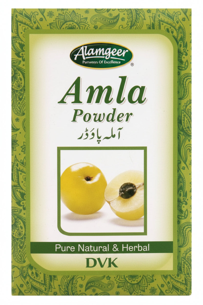 Alamgeer Amla Powder packaging with green border and amla fruit image.