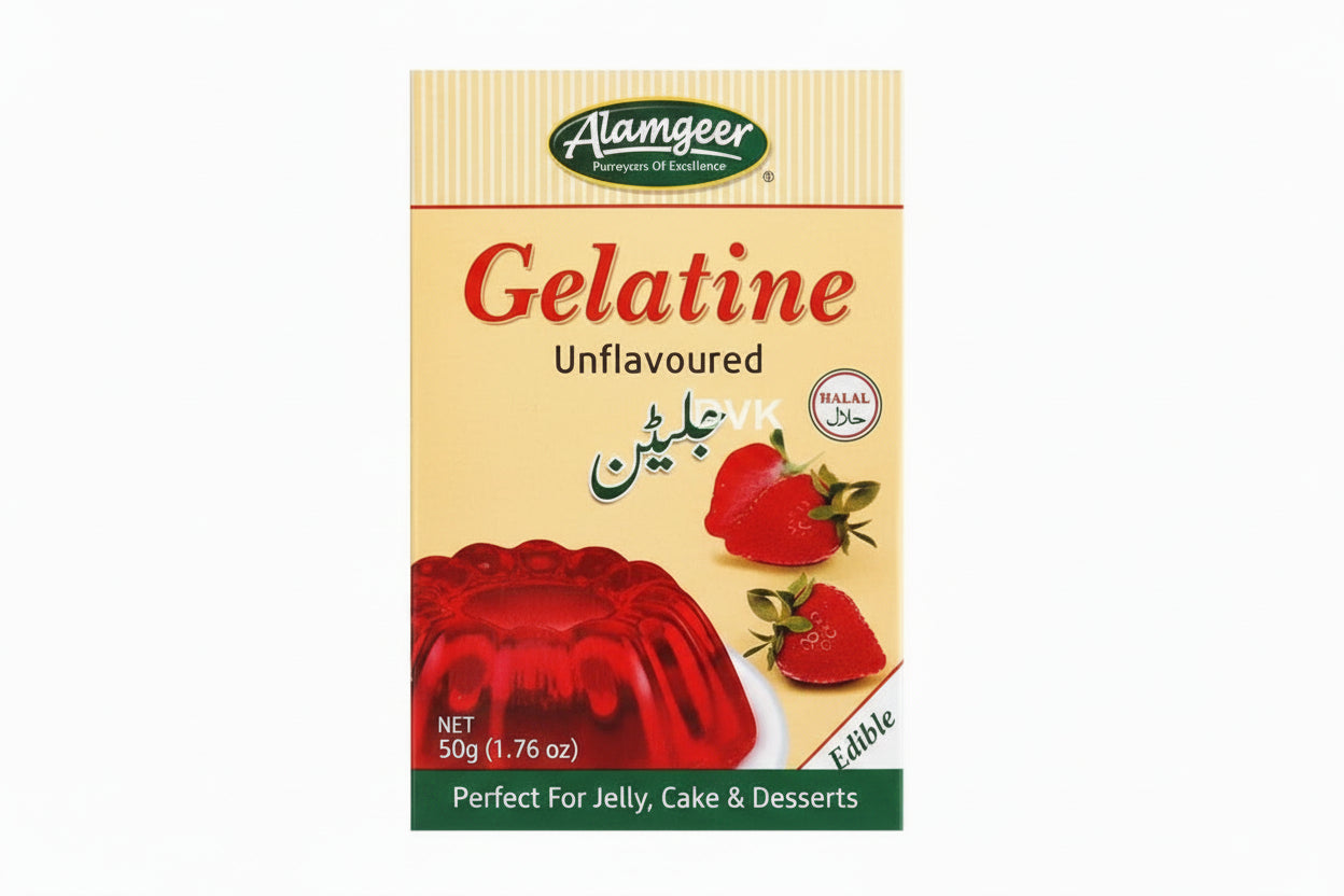 Box of Alamgeer Unflavoured Gelatine with strawberry illustration on a white background