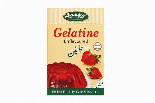 Box of Alamgeer Unflavoured Gelatine with strawberry illustration on a white background