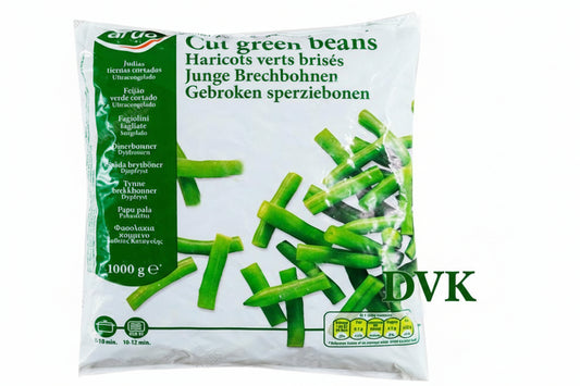 Packaged cut green beans with a green label on a white background