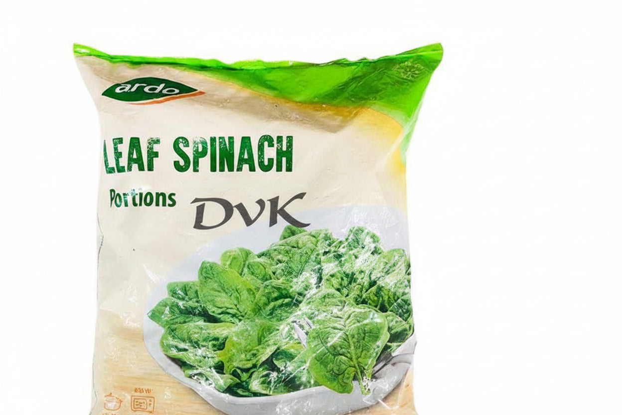 Packaged leaf spinach with Ardo branding on a white background