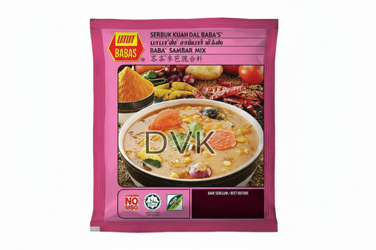Pink package of Baba's Sambar Mix with a bowl of sambar and ingredients on a white background