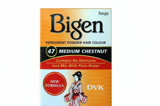 Box of Bigen permanent powder hair colour with a colorful design and text.