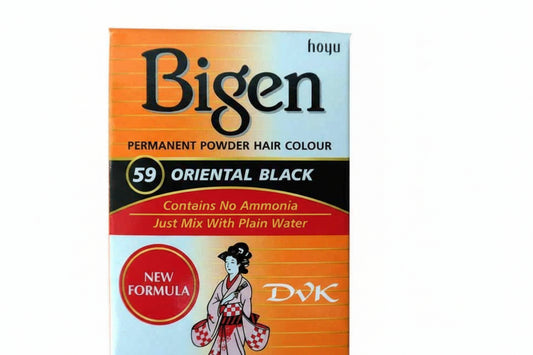 Box of Bigen permanent powder hair color with oriental black theme on an orange and blue background.