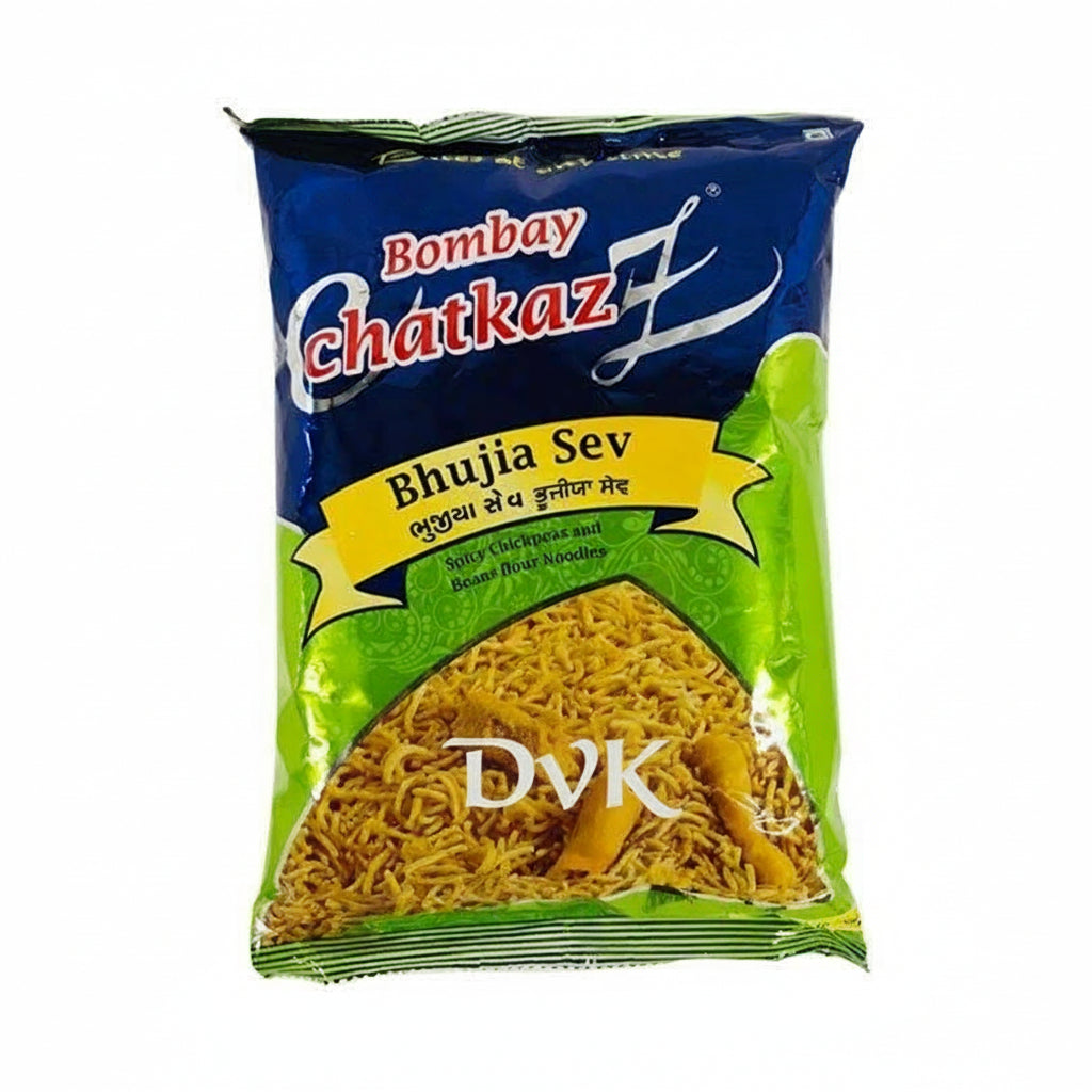 Packaged food item with 'Bombay Chatkaz' branding on a white background