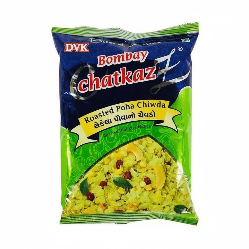 Packaged food item with 'Bombay Chatkaz' branding on a white background