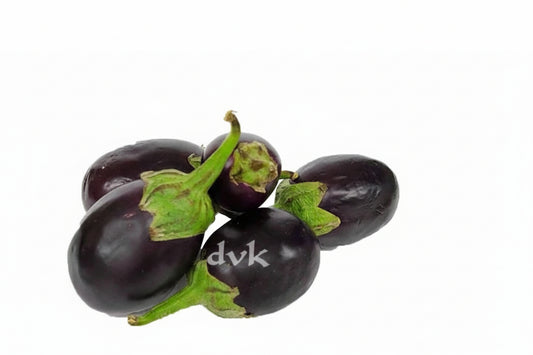 Bunch of eggplants with green stems on a white background.