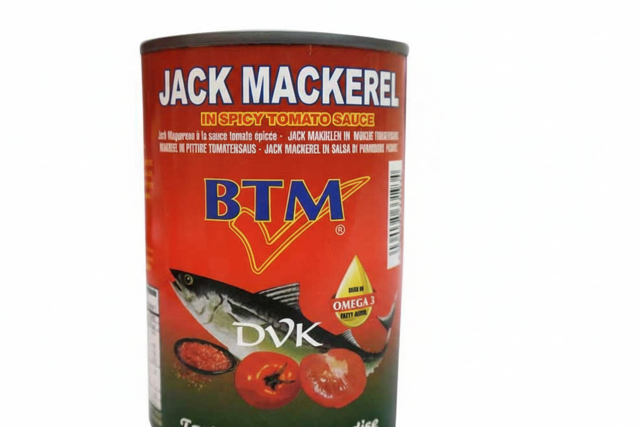 Can of Jack Mackerel in Spicy Tomato Sauce with BTM branding on a white background