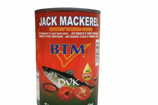 Can of Jack Mackerel in Spicy Tomato Sauce with BTM branding on a white background