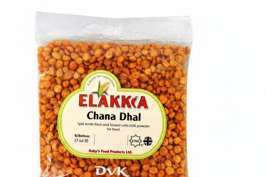 Packaged chana dhal with Elakkka label on a white background