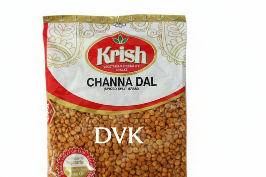 Packaged channa dal with Krish brand on a white background