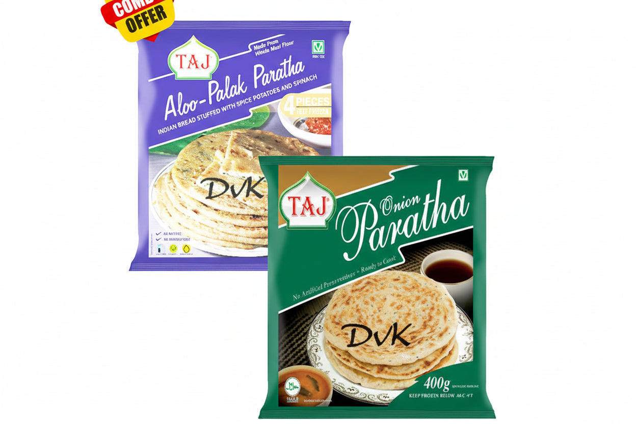 Two packages of Táj parathas, one with aloo palak filling and the other with onion filling, on a white background.