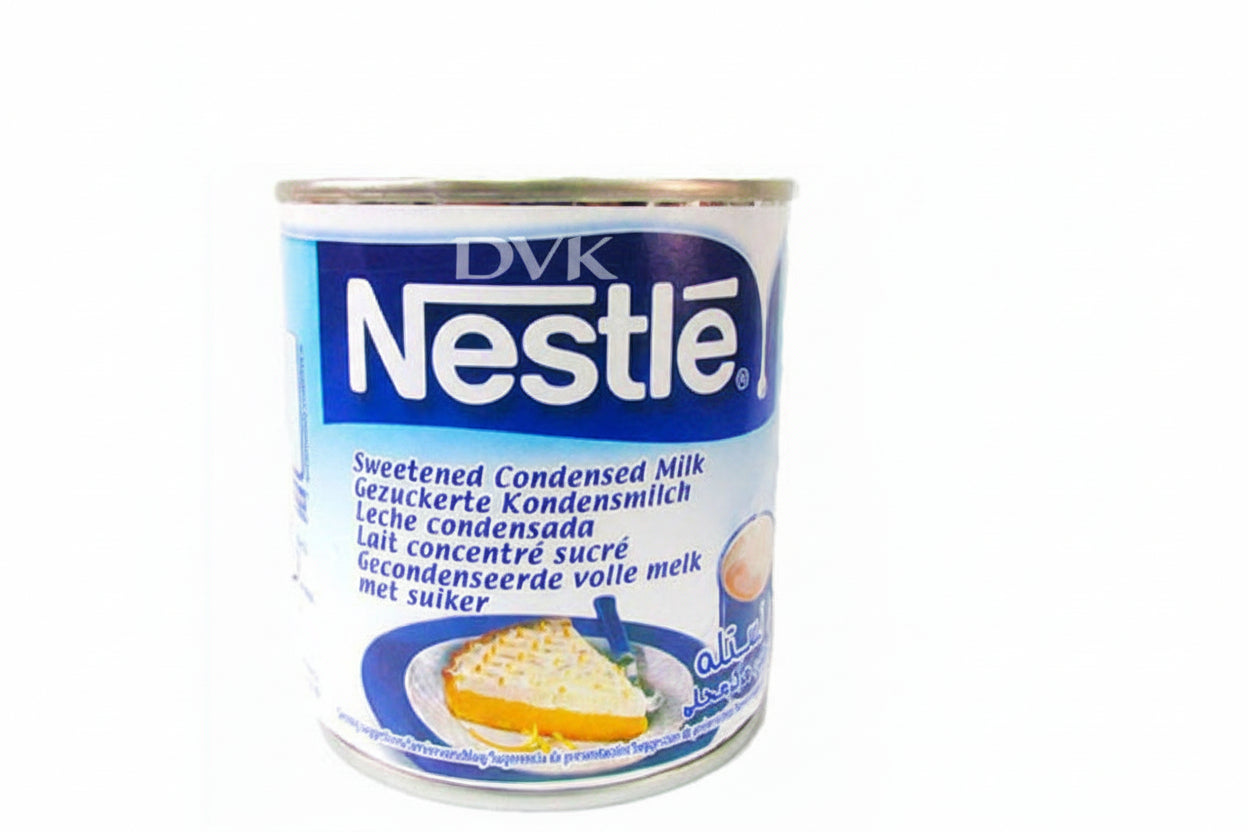 Nestle sweetened condensed milk can on a white background