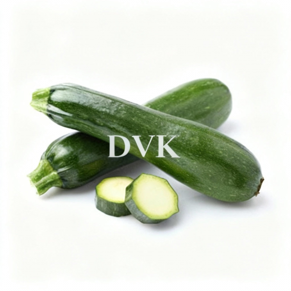 Zucchinis with a sliced one on a white background, branded 'DVK's'.