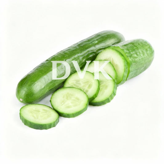 Whole and sliced cucumbers on a white background with Vege logo.