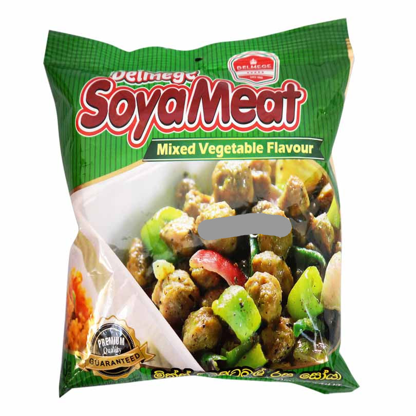 Packaged Delmejo Soya Meat with mixed vegetable flavor on a white background