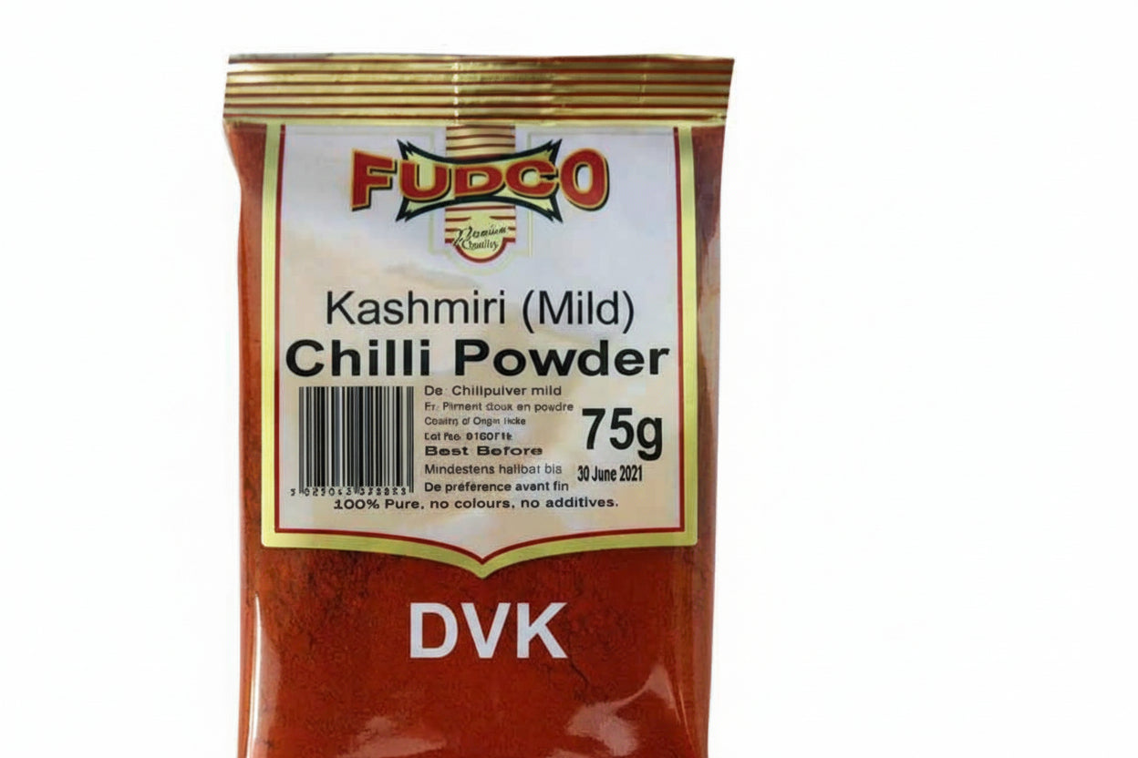Packaged Kashmiri Chilli Powder by Fudco on a white background