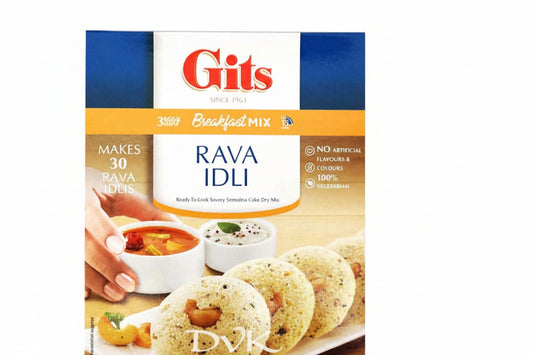 Gits Rava Idli breakfast mix packaging with images of idlis and a bowl of soup.