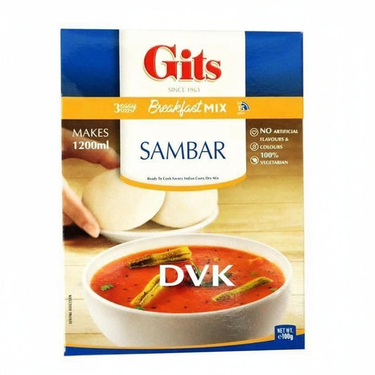 GITS Sambar breakfast mix packaging with a bowl of sambar on a white background